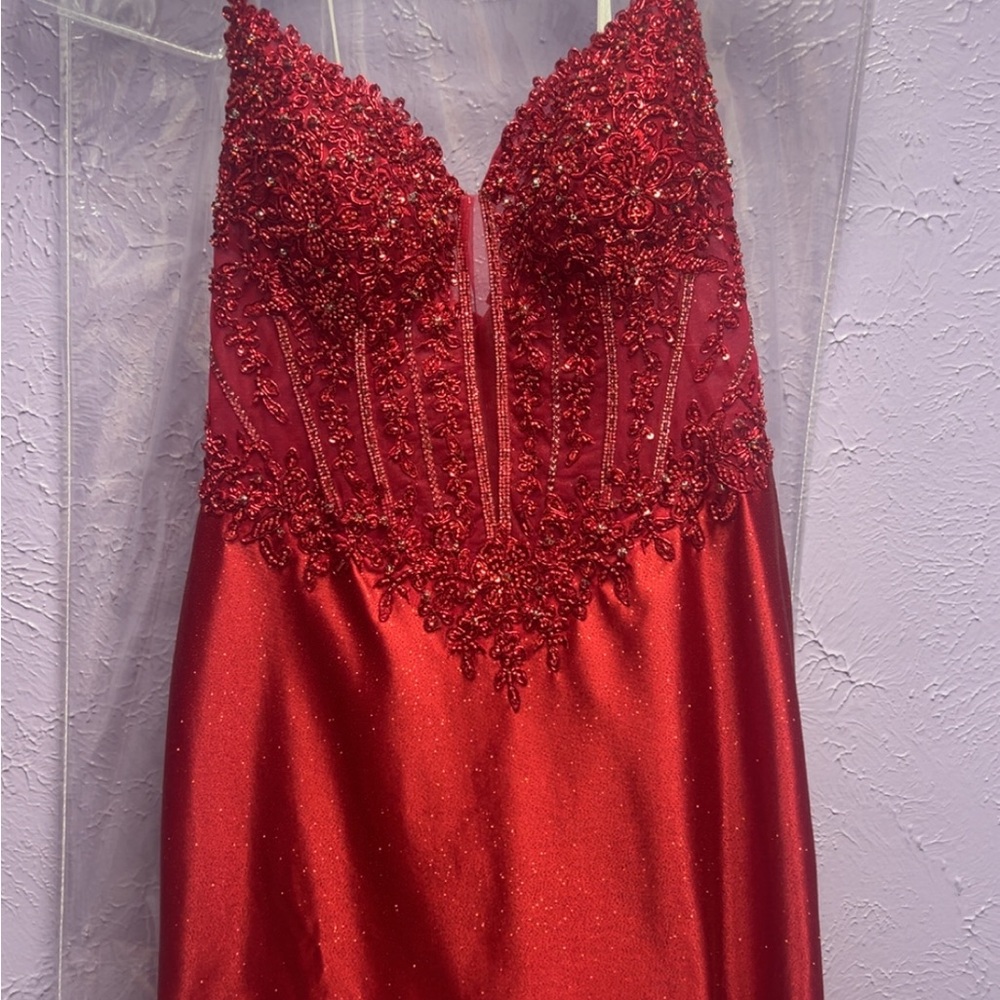 Glamorous Strapless Red Beaded Dress